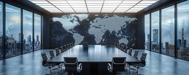Poster - A large conference room with a large screen on the wall showing a map of the world. The room is filled with black chairs and a large table