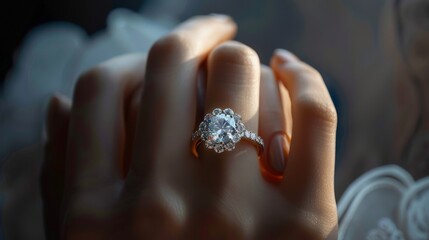 Wall Mural - Woman's Ring Finger Adorned with Luxurious Diamond Jewelry