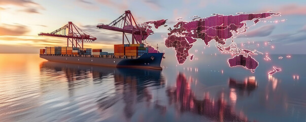 Poster - A blue ship is in the water with a map of the world behind it. The map is filled with red dots, giving the impression of a busy port. Scene is lively and bustling, with the ship