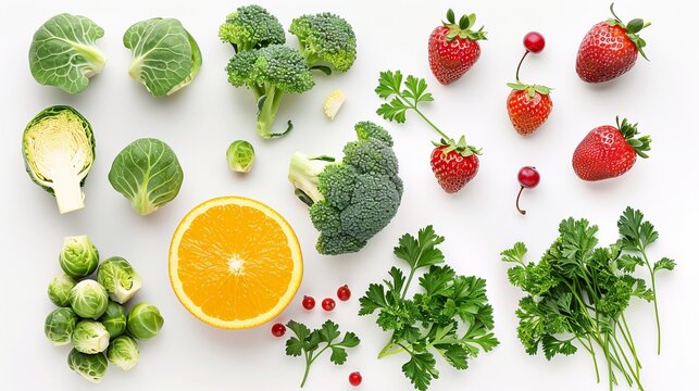 Collection of immunity-boosting foods including broccoli, Brussels sprouts, strawberries, parsley, currants, and oranges, isolated on a white background, top view