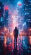 © sathon - Solitary Figure in Futuristic Neon-Lit Rainy City Nightscape