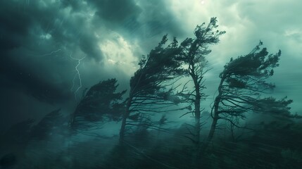 Wall Mural - A stormy sky with trees bending in the strong wind