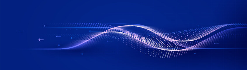 Fototapete - Abstract background with white geometric wavy lines and arrow on blue background. Futuristic digital hi-technology horizontal banner. Vector illustration