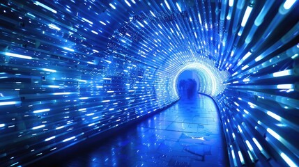 An immersive blue LED light tunnel, with dazzling lights and geometric patterns