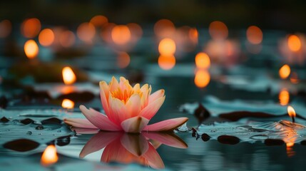 Canvas Print - Blooming lotus flowers floating serenely in a pond, illuminated by candlelight during Visakha Bucha Day celebrations