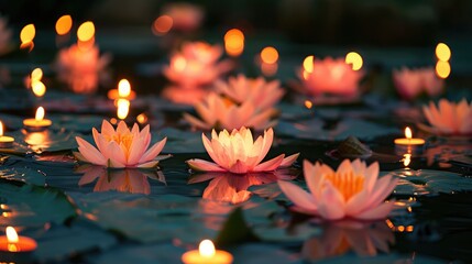 Canvas Print - Blooming lotus flowers in a serene pond, illuminated by the warm light of candles for Visakha Bucha Day