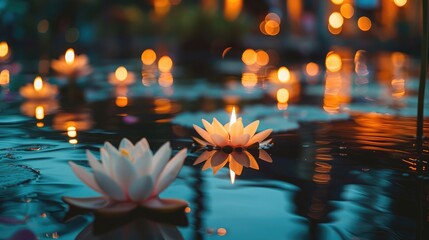 Poster - Candles floating in a pond, casting gentle reflections on the water during Asalha Bucha Day