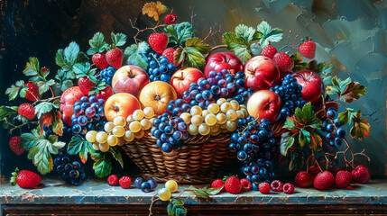 Canvas Print - Still life with fruit: Oil painting of a richly decorated fruit basket