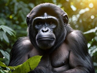 gentle ape resting in the shade of the summer forest