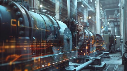 Poster - Graphs overlaid on machinery in an industrial collar work setting, highlighting the role of data in optimizing operations