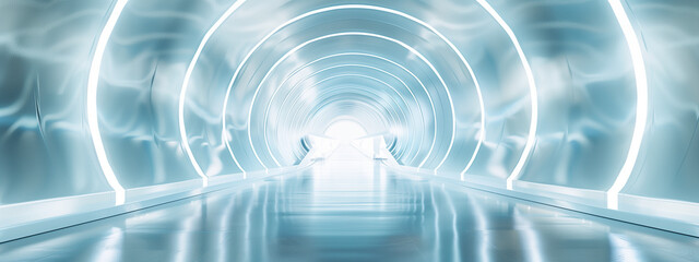 Poster - Abstract futuristic background with a white glowing tunnel, light blue and silver colors, a futuristic corridor, a technology concept, a blurred glassy floor. 3D rendering illustration, 8k, high resol