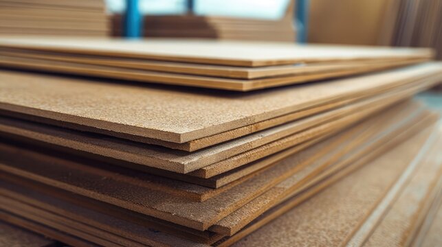 stack of MDF particle boards with a detailed wood texture, ready for assembly in a workshop