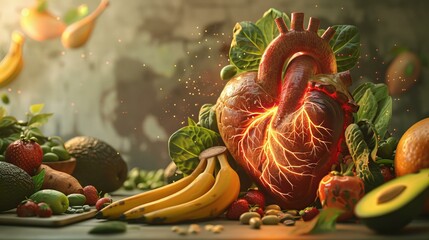 Wall Mural - A dynamic arrangement of fresh fruits, vegetables, and nuts forming the shape of a heart, symbolizing the essence of nutrition and wellness through a balanced diet