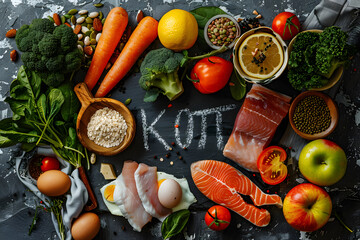 Sticker - Keto diet on chalkboard,refreshing concept of low carb foods; Eggs, fish, lemons, tomatoes, apples, carrots and broccoli.High quality photo