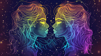 Zodiac sign Gemini featuring twin featuring two mirrored figures connected by flowing lines and surrounded by a star-filled cosmic background, neon rainbow colors, design astrology horoscope symbol.