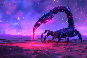 zodiac sign scorpio as a scorpion made of dark nebulae with a neon red stinger against neon purple s
