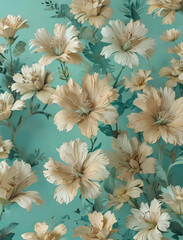 Wall Mural - Abstract 3D Render of Matisse-Inspired Beige and Mint Flowers on Cyan Background Gen AI