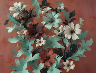 Wall Mural - Abstract 3D Render of Matisse-Inspired Black and Mint Flowers on Maroon Background Gen AI