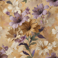 Wall Mural - Matisse Style 3D Render of Brown and Purple Abstract Flowers on Tan Background Gen AI