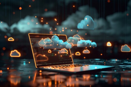 A laptop on an office desk surrounded by glowing cloud icons floating in the air, symbolizing digital twin technology for data visualization and computer rendering of physical objects.