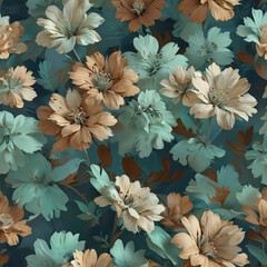 Wall Mural - 3D Render of Abstract Mint and Brown Flowers in Matisse Style on Navy Background Gen AI