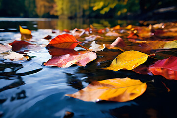 Wall Mural - autumn leaves on water