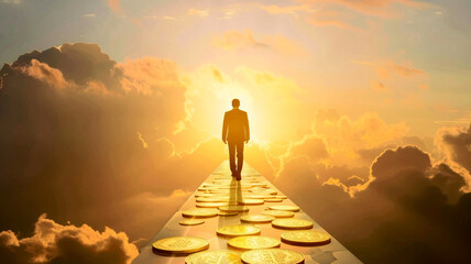 Man on path covered with golden coins - way to success and richness