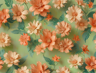 Wall Mural - 3D Render of Abstract Tan and Coral Flowers Inspired by Matisse on Lime Background Gen AI