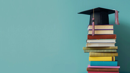 Photo of a stack of books with an academic cap 