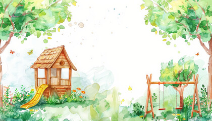 Wall Mural - A watercolor painting of a playground with a wooden playhouse and a swing set