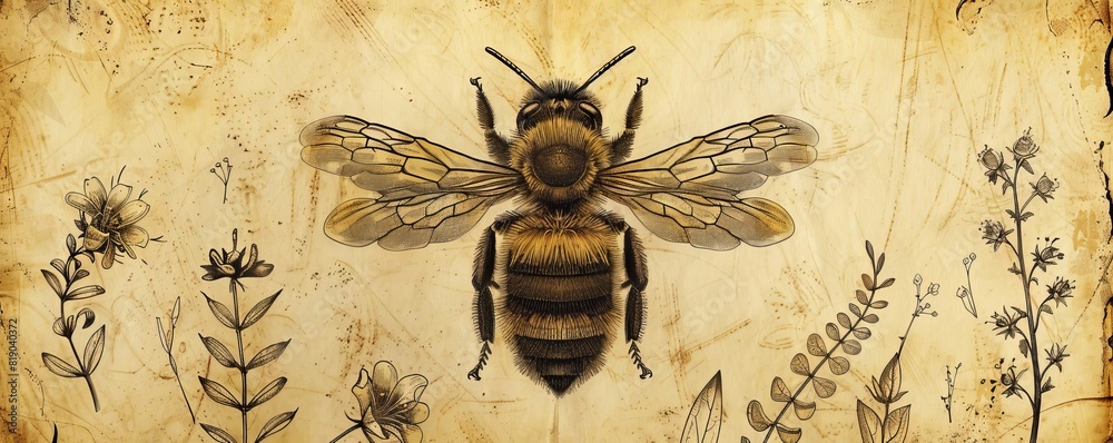 Oldworld illustration of a bee, styled as an engraving on aged ...