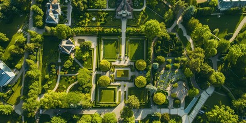Poster - An aerial view of a sprawling estate with manicured gardens. 