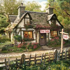 Poster - A charming cottage nestled in the countryside with a For Sale sign. 
