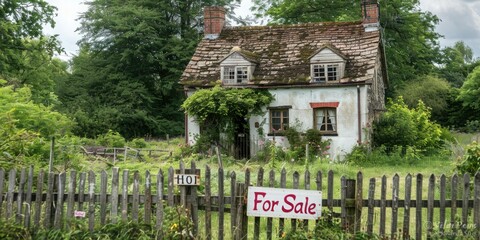 Poster - A charming cottage nestled in the countryside with a For Sale sign. 