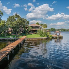 Poster - A panoramic view of a waterfront property with a dock. 