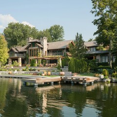 Poster - A panoramic view of a waterfront property with a dock. 