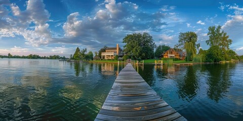 Aufkleber - A panoramic view of a waterfront property with a dock. 
