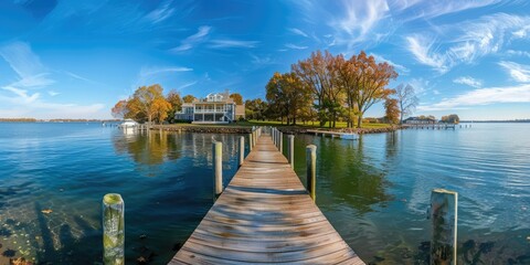 Poster - A panoramic view of a waterfront property with a dock.