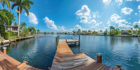Poster - A panoramic view of a waterfront property with a dock. 