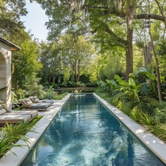 Poster - A serene backyard oasis with a swimming pool and lush landscaping. 