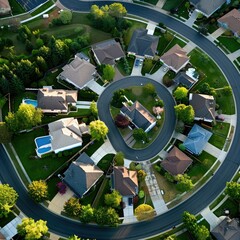 Aufkleber - An aerial view of a suburban neighborhood with homes for sale highlighted.