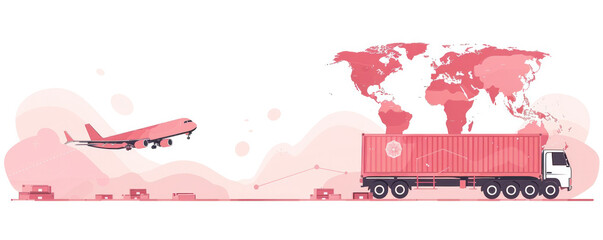 Poster - A large cargo plane is flying over a large pink globe. A large truck is driving down a road next to the plane