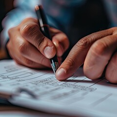 Poster - A close-up shot of a hand signing off on a completed time sheet with a pen. 