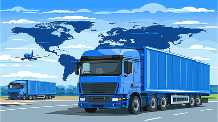 Poster - A blue semi truck is driving down a road next to a blue airplane. The truck is carrying a large cargo container