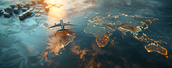 Poster - A small airplane is flying over a map of the world. The image has a dreamy, whimsical feel to it, as if the airplane is soaring through the sky above a vast, mysterious landscape