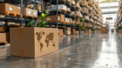 Poster - A cardboard box with a map of the world on it sits on a warehouse floor. The box is surrounded by a large number of cardboard boxes, which are stacked on top of each other