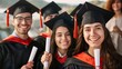 © Vesovic  - A group of jubilant graduates in traditional caps and gowns holding diplomas, symbolizing achievement and education