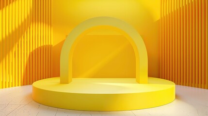 Podium 3D background product platform display stage abstract stand studio. Circle 3D podium background minimal scene yellow geometric shape pedestal light room floor render wall empty template rainbow