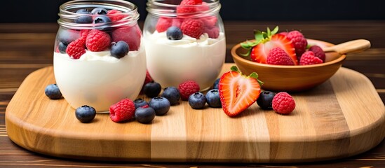 Poster - Two jars of yogurt granola and berries on a wooden board Copy space