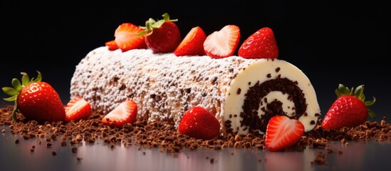 Poster - chocolate crumbs above roll cake with strawberies. copy space available